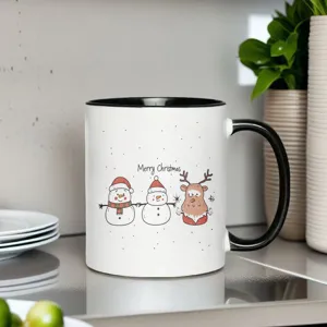 Christmas ceramic mug with cute snowman and reindeer print, black handle, coffee cup.