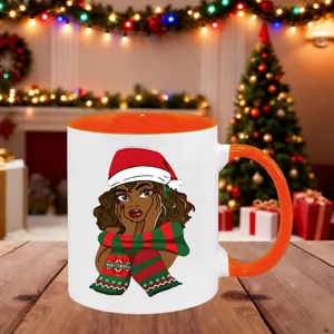 Christmas ceramic coffee mug with orange handle and festive African American woman print