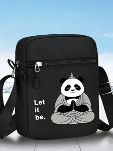 Petit sac bandouliere noir avec sangle reglable et imprime panda mignon pour tous les jours.