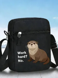 Petit sac bandoulière noir avec imprimé loutre, sangle réglable pour voyages et loisirs.
