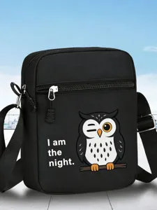 Petit sac bandouliere noir avec imprime de chouette, sangle reglable et fermeture eclair.