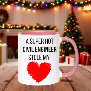 Keramik Kaffeetasse mit lustigem Spruch für Bauingenieure, rosa Henkel und Innenwand.