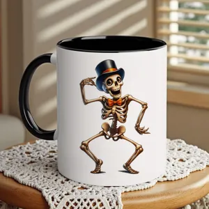 Detailed view of the Halloween dancing skeleton coffee mug featuring a black handle and rim.