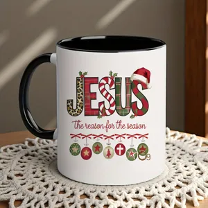 Detailed close-up view of the Christmas ceramic coffee mug with festive Jesus holiday print design.