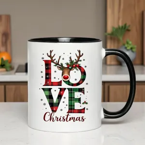 Detailed view of the Christmas ceramic coffee mug featuring festive red and green plaid design.