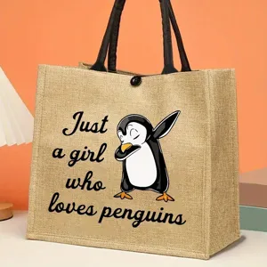 Detailed view of the cute penguin jute tote bag with playful dabbing design for daily use.