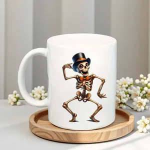 Detailed view of a white ceramic coffee mug featuring a fun dancing skeleton print design.