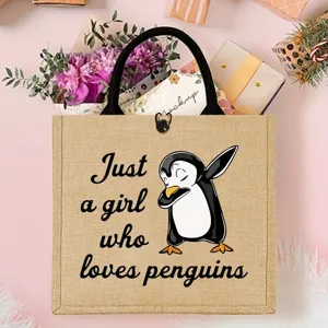 Cute penguin large jute tote bag, durable eco-friendly grocery bag for outdoor picnic party