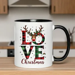 Christmas ceramic coffee mug with red green plaid love and reindeer festive holiday gift