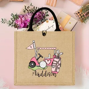 Gepersonaliseerde golf jute tas met roze golfkar, ideaal cadeau voor golfliefhebber.