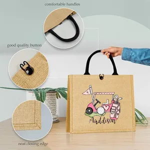 Golf thema jute shopper detail weergave met comfortabele handvatten en aanpasbare naam bedrukt.