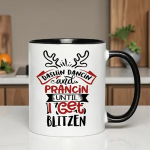 Christmas reindeer ceramic coffee mug with black handle, festive holiday gift cup.