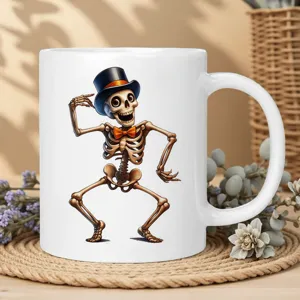 Close-up detail shot of a white ceramic coffee mug featuring a festive dancing skeleton design.