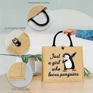 Detailed view of cute penguin print jute tote bag with comfortable handles and neat edge.
