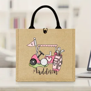 Gepersonaliseerde jute shopper met golf motief, roze golfkar canvas handtas cadeau.