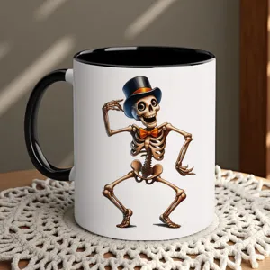 Detailed product view showing the Halloween dancing skeleton graphic on the coffee mug.