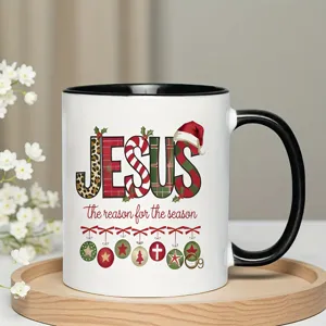 Christmas Jesus ceramic coffee mug with black handle and holiday design for gifts.