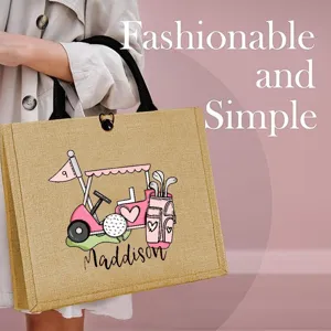 Golf Thema Jute Tote Bag Retro Geweven Textuur Bedrukt Herbruikbare Boodschappen Handtas Voor Sportliefhebbers Dagelijkse Match