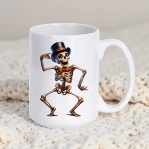 Halloween Dancing Skeleton Bone China Coffee Mug Cartoon Dancing Skull Printed White Black Ceramic Milk Tea Cup With Handle Office Drinking Mug Gift Box Pack