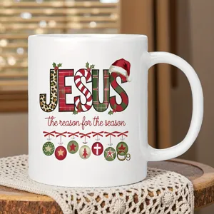 Modern Ceramic Bone China Holiday Coffee Mug Christmas Printed Letter Jesus Design Heat Resistant Cylindrical Drinking Mug