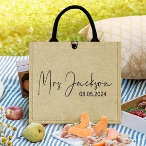 Personalized jute tote bag with custom name print, stylish beach bag for daily use.