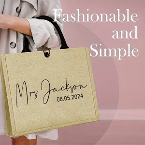 Minimalist Linen Tote Bag Vintage Burlap Handbag Letter Print Top-Handle Shopping Beach Bag For Women Wedding Gift