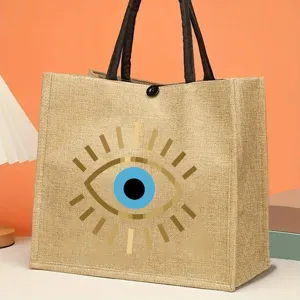 Large capacity jute tote bag with mystic evil eye print, perfect aesthetic picnic handbag.