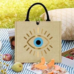 Large jute tote bag with evil eye print aesthetic stylish casual canvas beach picnic handbag