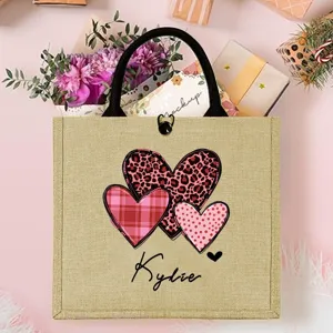 Personalized Burlap Tote Bag Custom Name Heart Print Jute Handbag Valentine Gift Bag