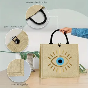 Detail view showing comfortable handles, good quality button, and neat closing edge of bag.
