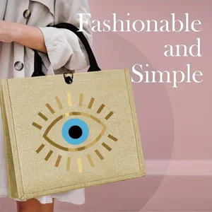 Western Retro Linen Jute Tote Bag Large Capacity Geometric Evil Eye Printed Handbag Casual Woven Picnic Shoulder Bag For Women