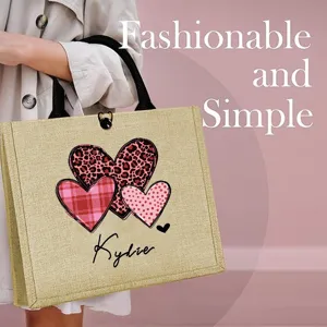 Personalized Heart Print Jute Burlap Tote Bag Western Vintage Linen Handbag With Button For Women Valentine Gift Daily Use