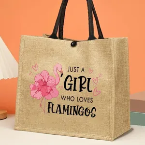 Fashionable flamingo print jute tote bag, perfect for travel, outdoor picnic, and daily use.