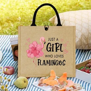 Fashionable flamingo print jute tote bag, ideal for outdoor picnics, travel and party daily use.
