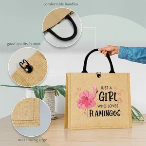 Jute tote bag with flamingo print, featuring comfortable handles, button, and neat edge.