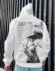 Men Women Fleece Hooded Sweatshirt Gothic Religious Back Graphic Print White Casual Hoodie