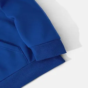 Blue hoodie cuff detail close up view, soft knit fabric texture, casual wear apparel.