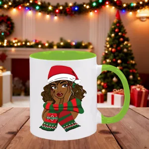 Festive Christmas ceramic mug with green handle, cute holiday coffee cup for cozy winter.