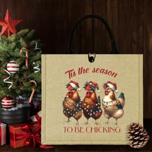 Christmas chicken print tote bag, durable burlap shopping handbag for holiday parties.