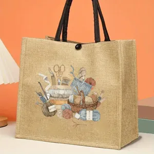 Sac cabas en jute décontracté unisexe avec illustration de tricot, idéal pour le shopping.