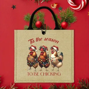 Christmas chicken burlap tote bag, durable jute handbag for holiday shopping and parties.