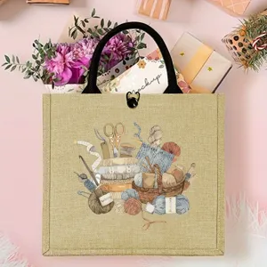 Sac cabas en jute unisexe avec illustration de tricot, idéal pour le shopping, pique-nique et voyage.
