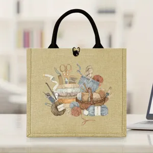 Sac cabas en jute avec illustration de tricot vintage pour shopping, voyage et pique-nique.