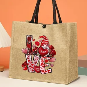 Chic Valentine Day jute tote bag with cute gnome and love print, durable shopping handbag.