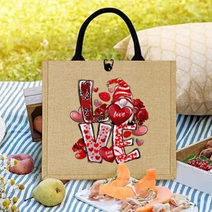 Valentine day gnome burlap tote bag with love letter print, chic reusable picnic shopping bag.