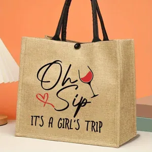 Sac cabas en jute avec imprimé verre de vin, idéal pour voyage entre amies et shopping.
