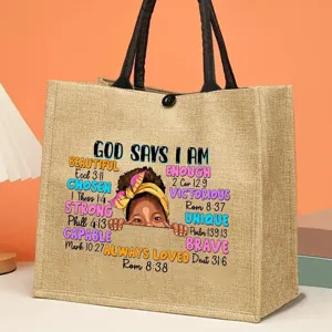 Inspirational black girl jute tote bag with Bible verses, durable lightweight daily shopping bag.