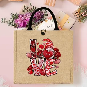 Valentine's day gnome jute tote bag, cute love heart print shopping bag for holiday gifts.