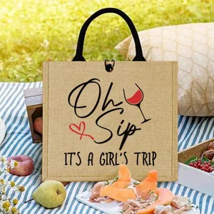 Sac cabas en jute pour voyage entre filles avec impression de vin, sac de plage et pique-nique.