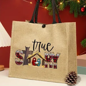 Christmas nativity scene jute tote bag, holiday shopping bag with sturdy handles and festive print.